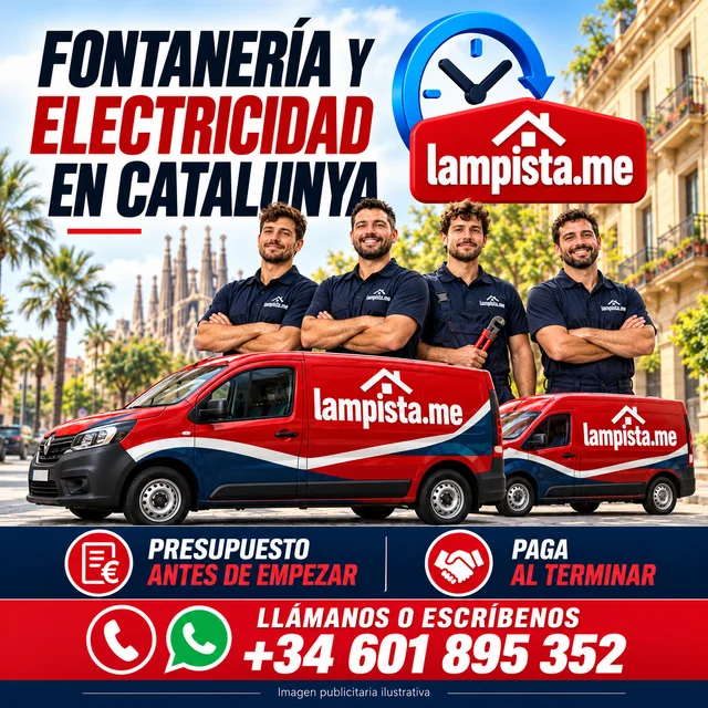 Anuncio ilustrativo de Lampista.me: fontanería y electricidad, presupuesto previo y pago al terminar. Teléfono +34 601 895 352