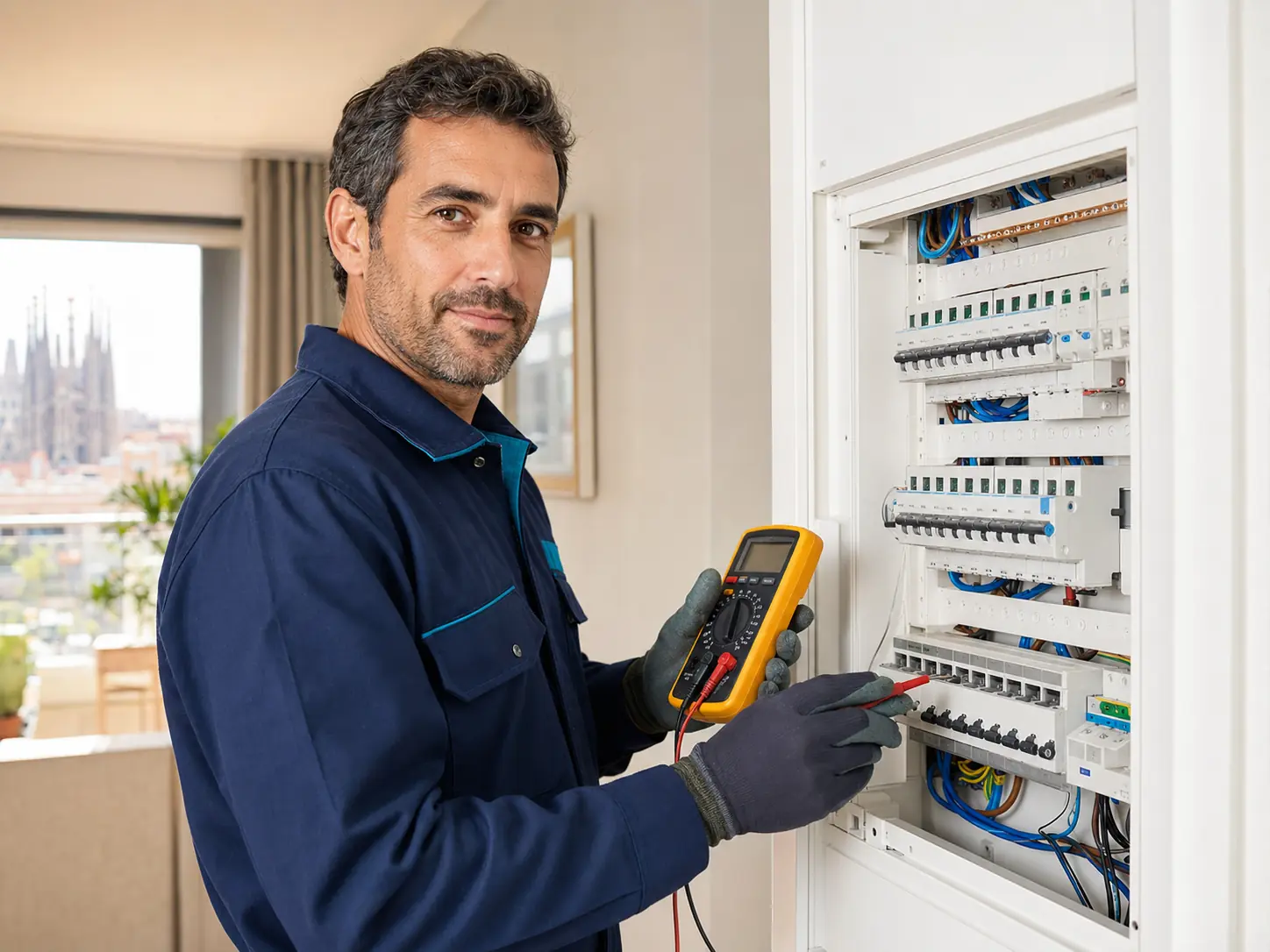 Electricista profesional revisando un cuadro eléctrico en Castellvi de la Marca