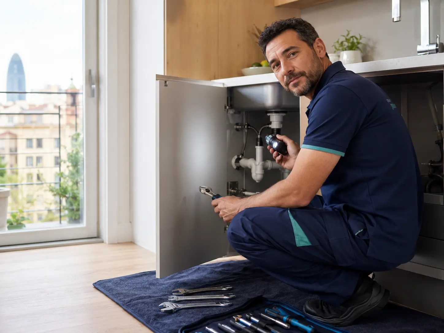 Fontanero profesional inspeccionando un desagüe en Castellvi de la Marca