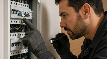 Electricista inspeccionando el cuadro eléctrico por un problema con el diferencial