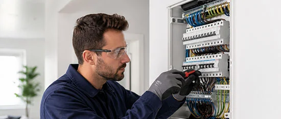 Electricista realizando una reparación eléctrica clara y organizada