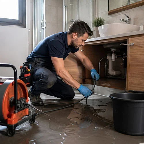 Técnico de desatascos urgente revisando un desagüe obstruido