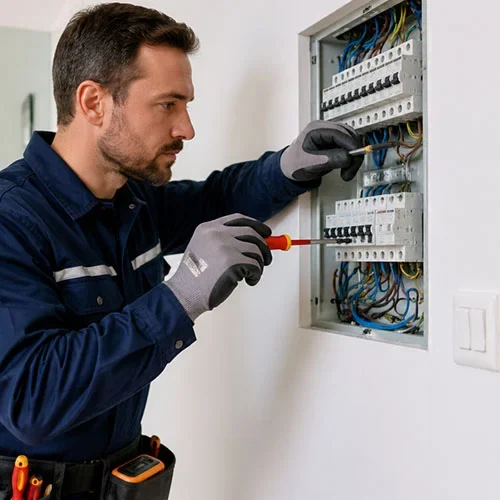 Electricista urgente revisando un cuadro eléctrico en una vivienda