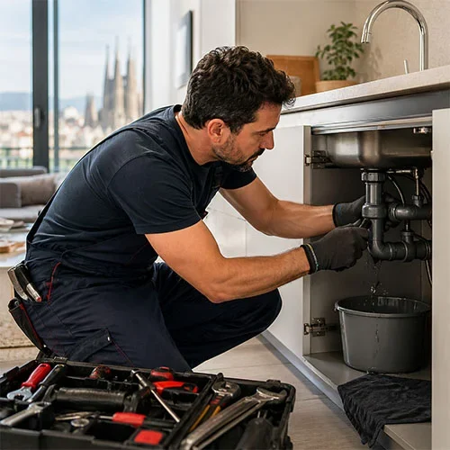 fontanero urgente reparando fuga bajo fregadero