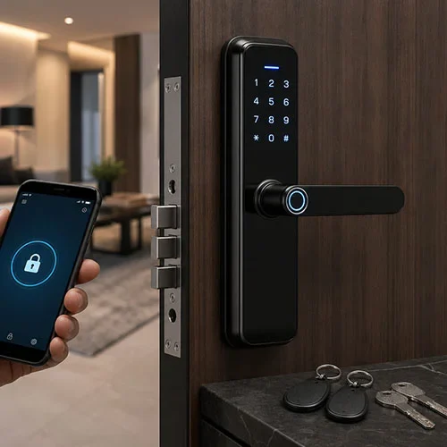 Cerradura inteligente con acceso por móvil, código y huella para vivienda moderna